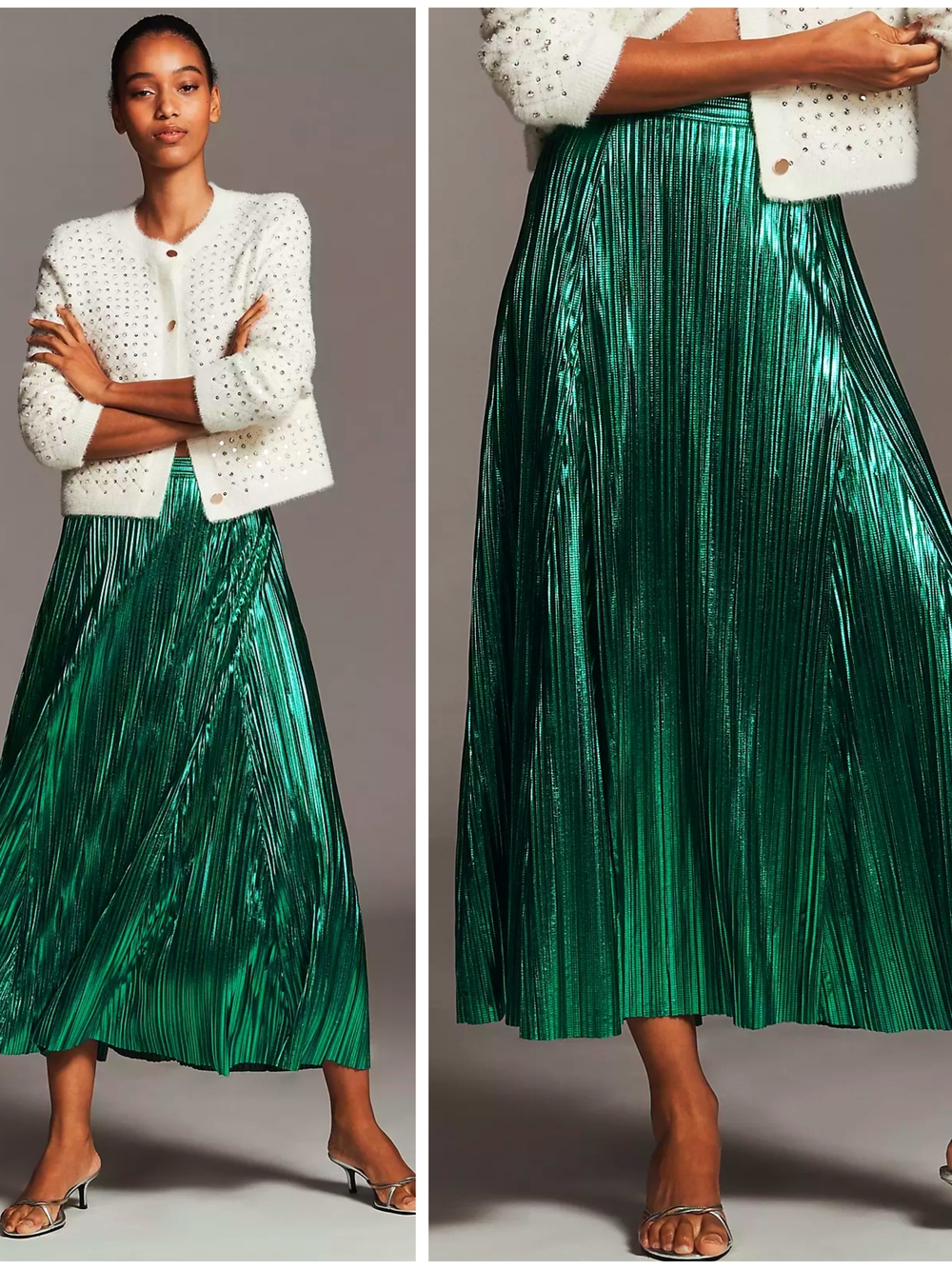 Anthropologie, Metallic Emerald Green Pleated Midi Skirt